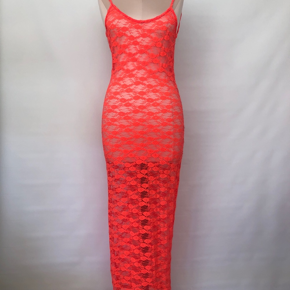 Neon orange sheer floral Lace Slip dress bodycon beach cover up small